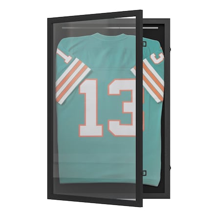 Flash Furniture Banks 24x36 Jersey Display Case with Solid Pine Wood Frame, UV Treated Acrylic Window, Velvet Backing Board, and Anti-Theft Lock in Black HMHD-23M099YBN-BLK-2436-GG